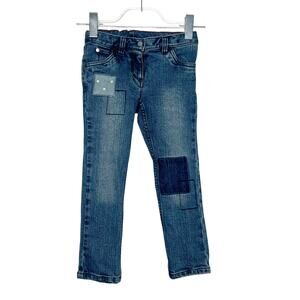 HANNA ANDERSSON Patchwork Denim Jeans Skinny Leg Medium Wash Blue Kids Size 5